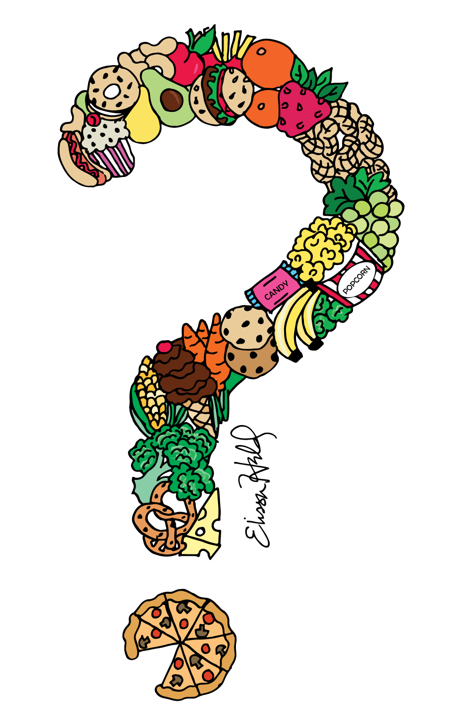 question mark in full color featuring different foods in the shape of a question mark